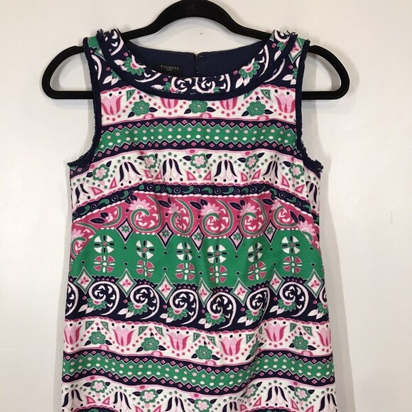 TALBOTS Textured Vibrant Stripe Mix Pattern Print Fringe Trim Shift Dress Sz 2P - Picture 4 of 12